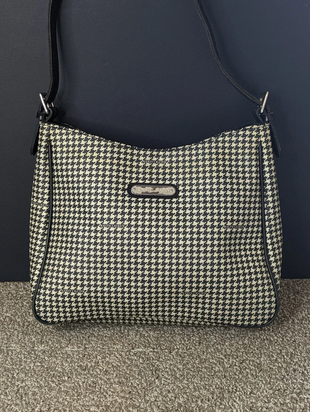 Ralph Lauren Y2K Houndstooth Shoulder Bag Black Cream Leather Trim